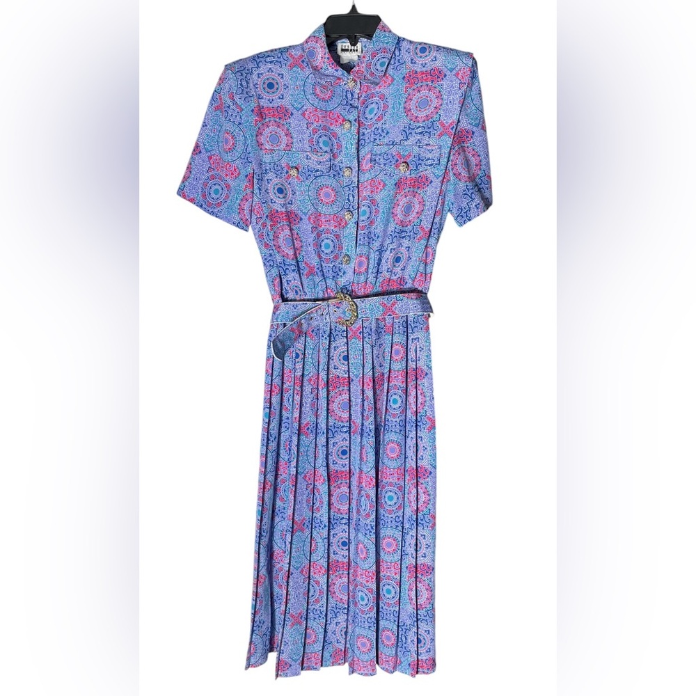 Vintage 90s Women’s Size 8 Midi Shirtwaist Dress Leslie Fay Pleated Bohemian